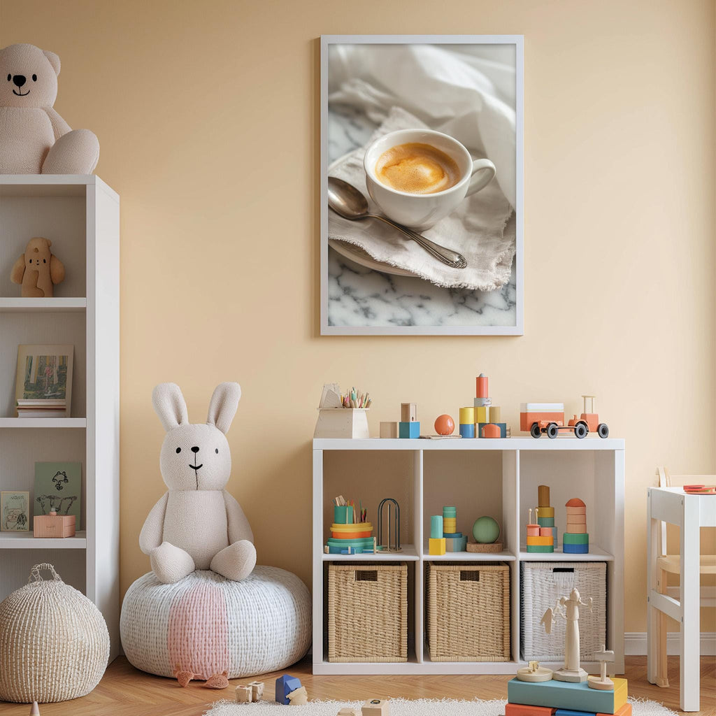 A cozy children's room with a white bookshelf, a plush white rabbit, and a white shelf with toys and books. A framed photo of a cup of coffee is displayed on the wall above the shelf.