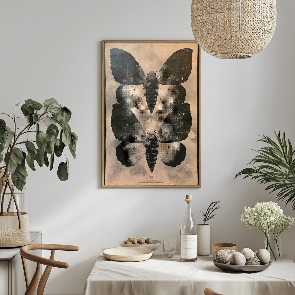 a dining table with a white tablecloth, a bowl of fruit, a bottle, and a vase with flowers. Above the table, there is a framed picture of a butterfly.