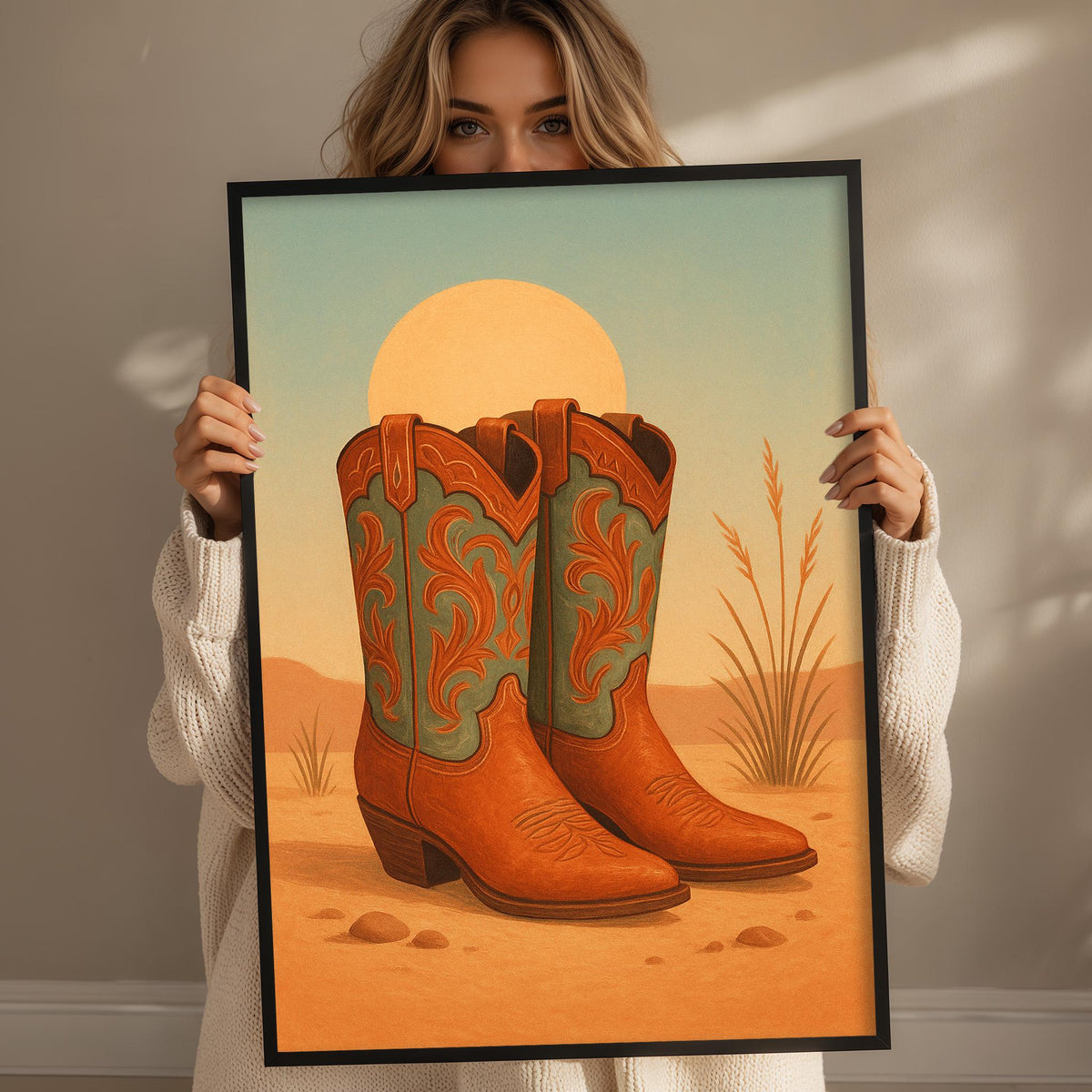 A woman holds up a framed illustration of a pair of cowboy boots against a desert landscape with a large sun in the background.
