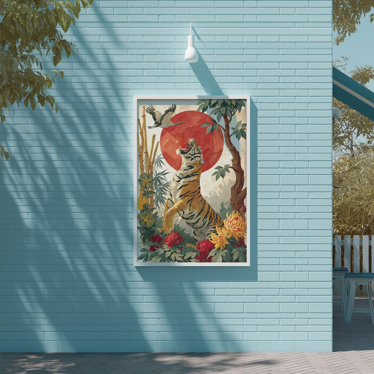 a vibrant painting of a tiger surrounded by lush greenery and a large red sun in the background.