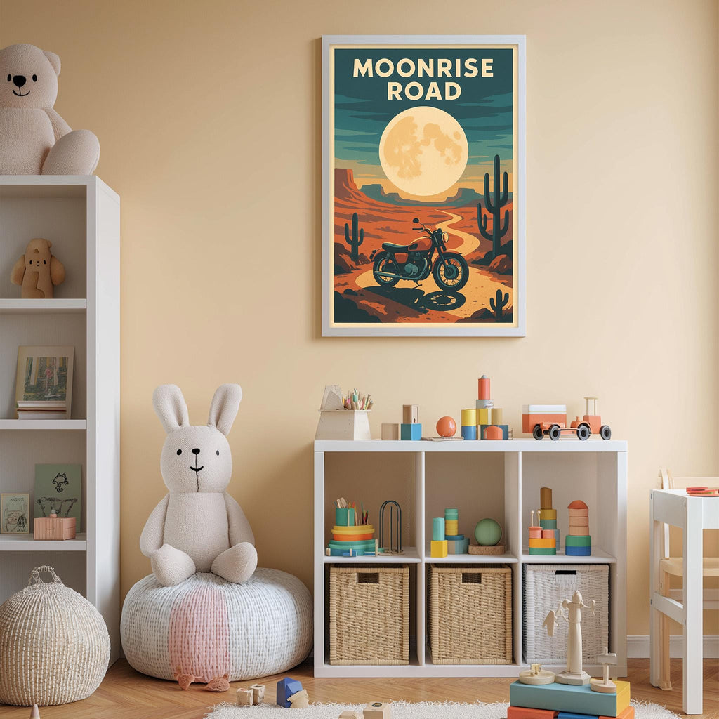 a child's bedroom with a large poster of the "Moonrise Road" on the wall, a white bookshelf filled with toys, and a stuffed rabbit sitting on a bean bag chair.