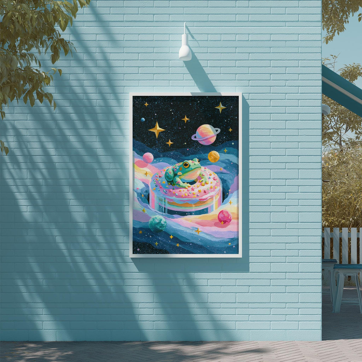 A whimsical painting of a frog sitting on a colorful cake surrounded by planets and stars, hanging on a blue brick wall.