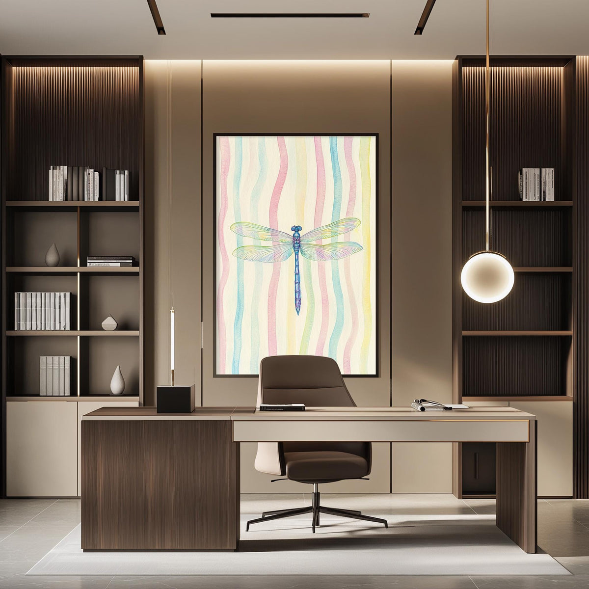 a modern and minimalist office space with a large framed artwork of a dragonfly on the wall. The office features a wooden desk with a chair, a bookshelf, and a pendant light fixture.