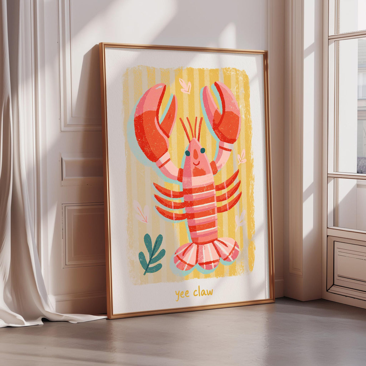 A framed illustration of a lobster with large claws and a striped body, set against a yellow and green striped background.