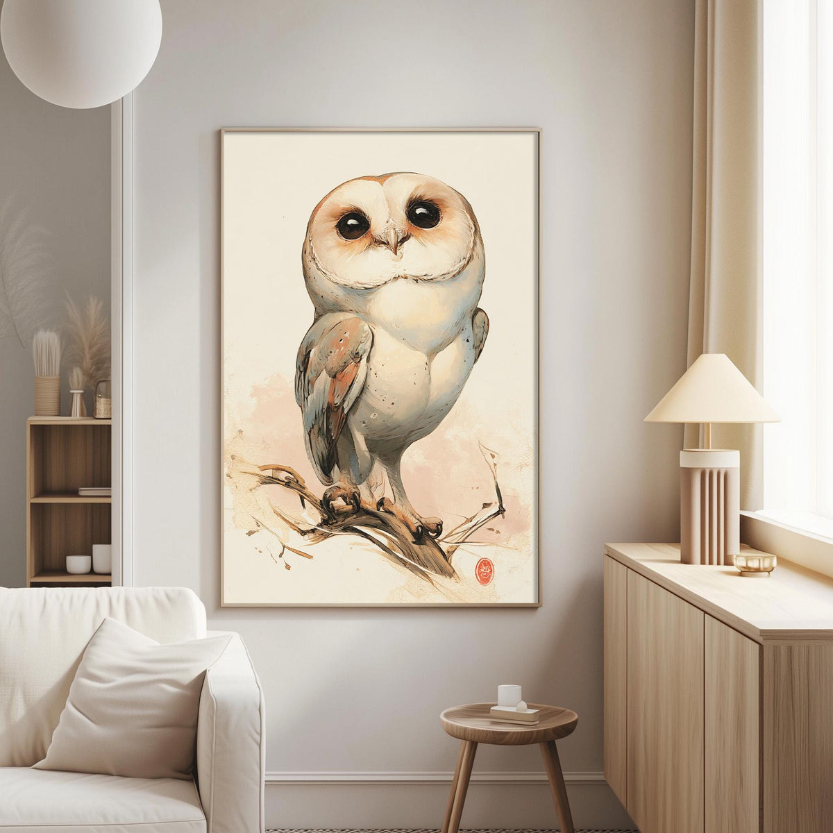 a large painting of a barn owl hanging on a wall in a living room.