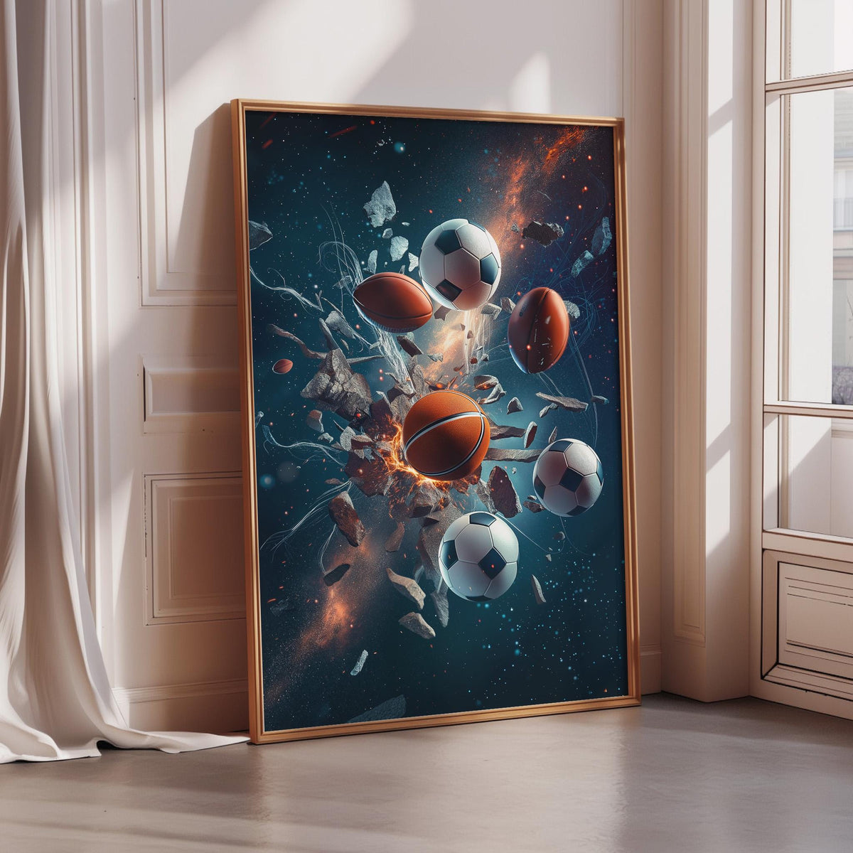The image is a framed artwork depicting a chaotic scene with various sports balls, including soccer balls and basketballs, flying through a dark, starry background.