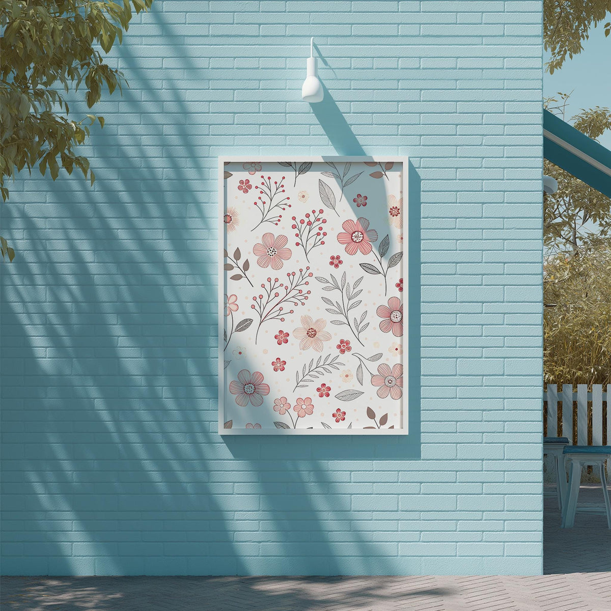 a light blue brick wall with a framed floral print hanging on it. The print has a white frame and a floral pattern with pink and white flowers and leaves. The wall is situated next to a tree, and there is a bench visible in the background.