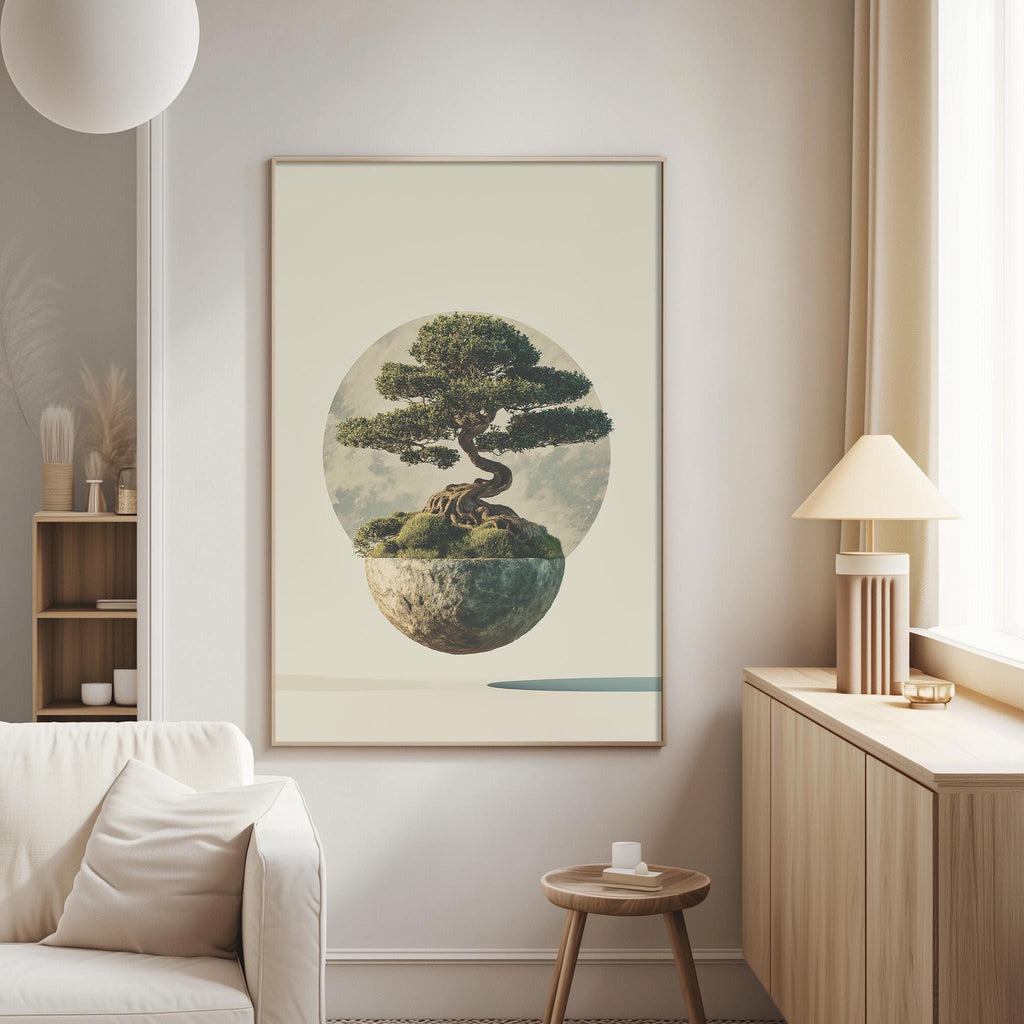 a large painting of a bonsai tree on a circular base, hanging on a wall in a living room setting.