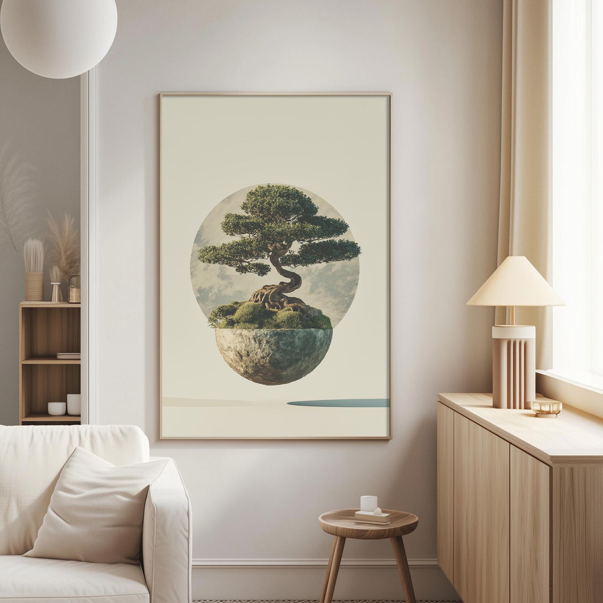 a large painting of a bonsai tree on a circular base, hanging on a wall in a living room setting.