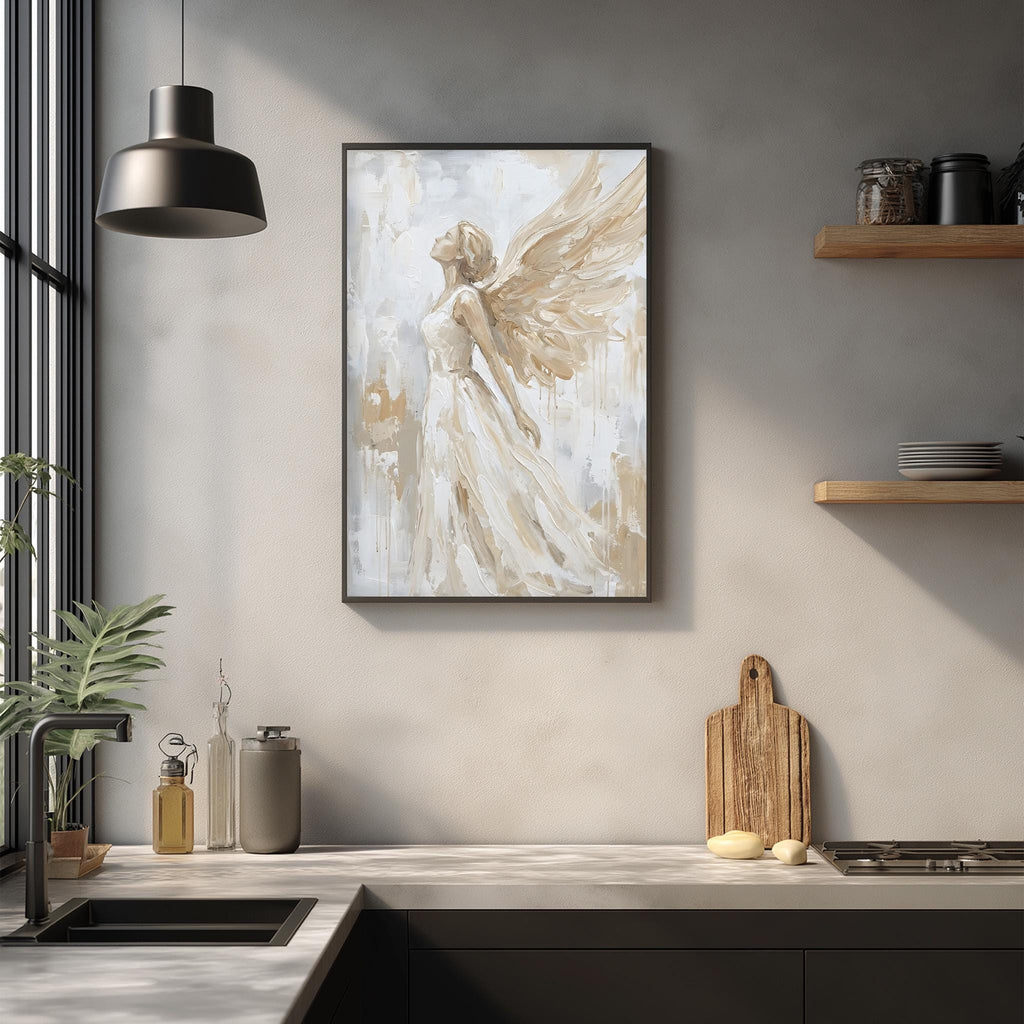 a modern kitchen with a large framed painting of an angel with outstretched wings hanging on the wall above a wooden cutting board and other kitchen items.