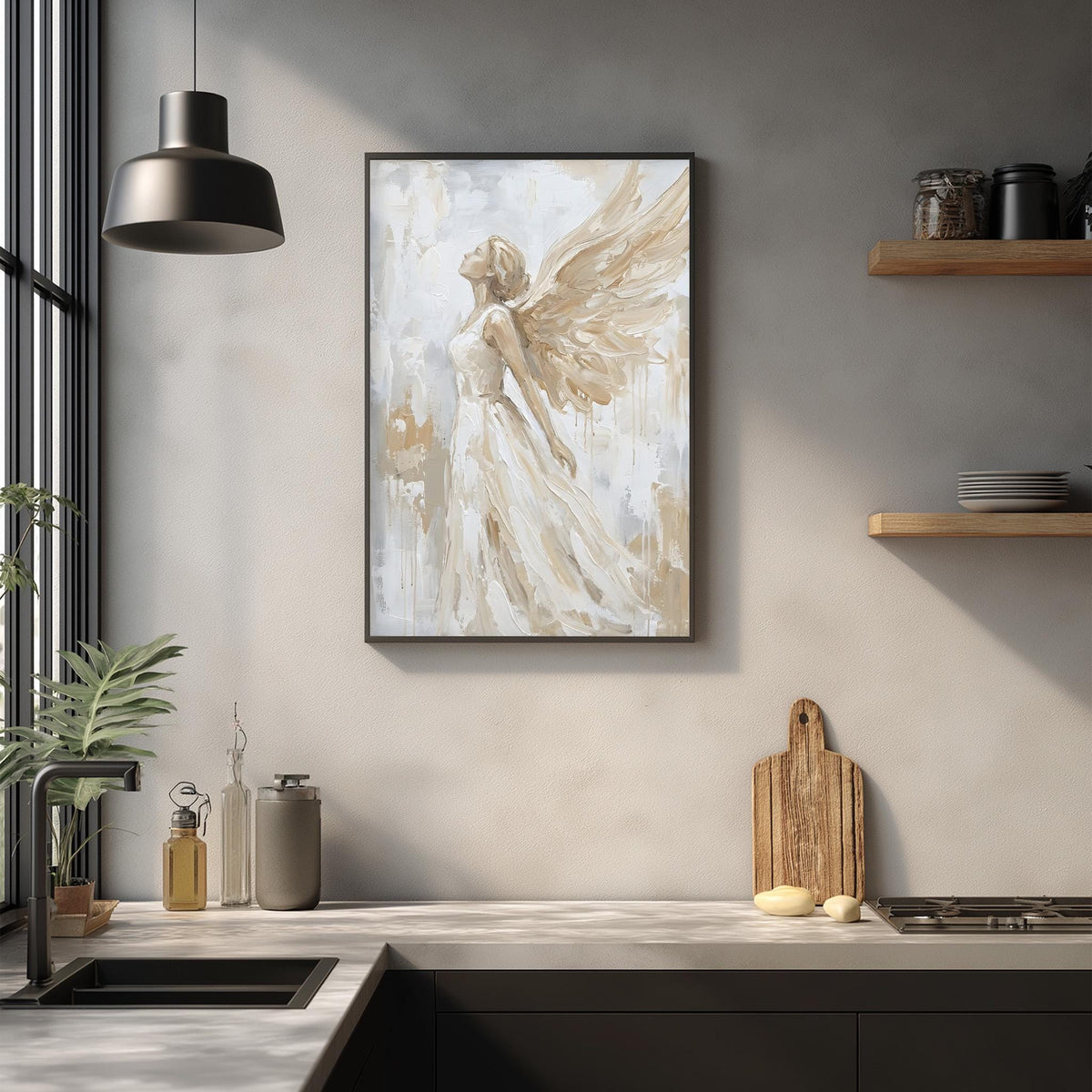 a modern kitchen with a large framed painting of an angel with outstretched wings hanging on the wall above a wooden cutting board and other kitchen items.