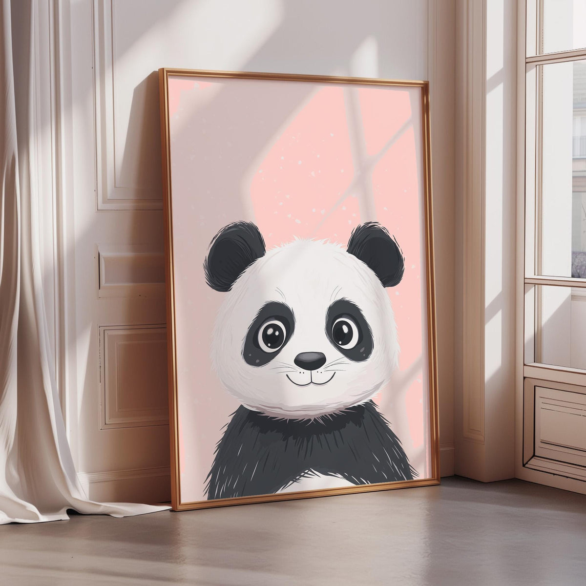 A framed illustration of a panda bear with a pink background and a playful expression.