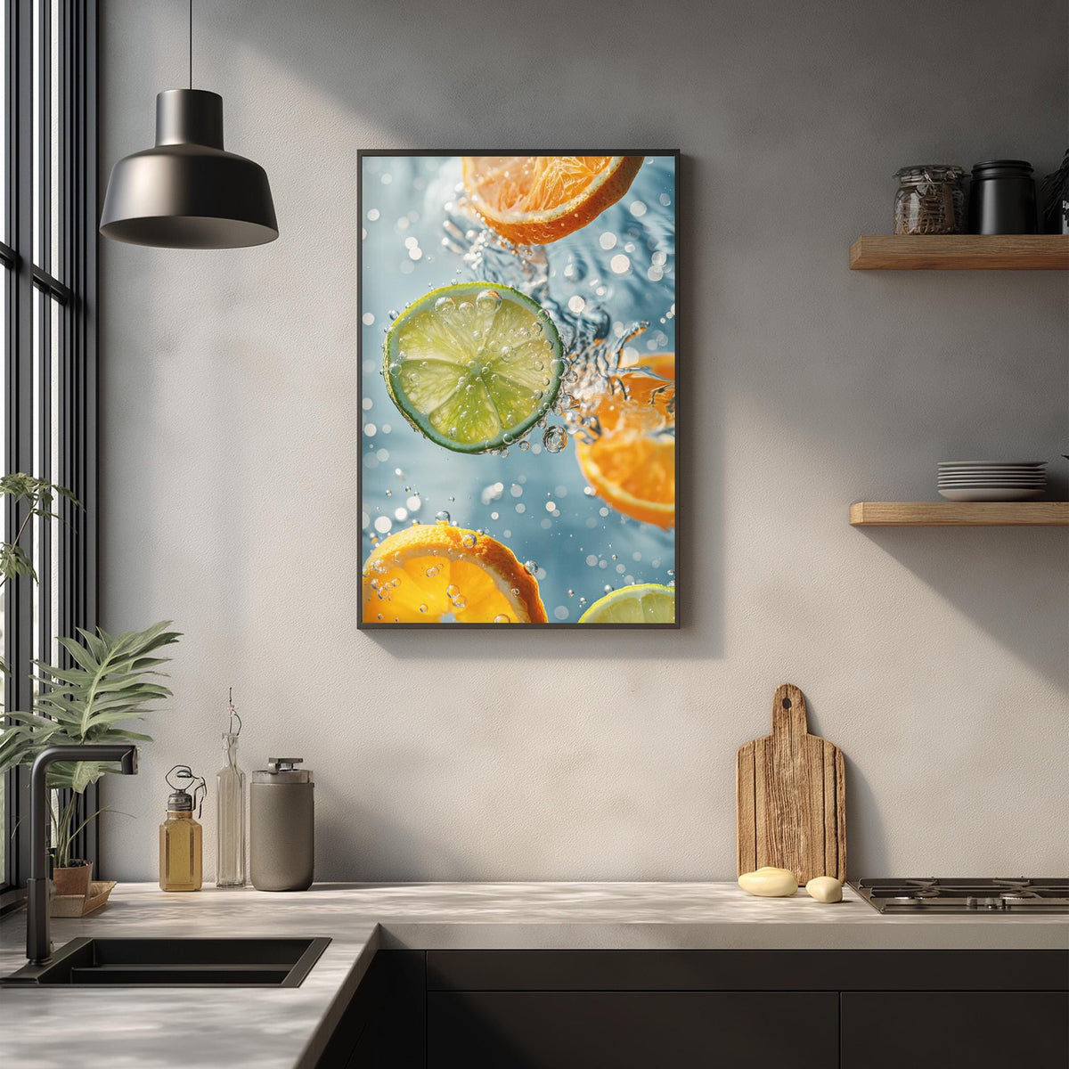 a kitchen counter with a framed picture of sliced oranges and limes hanging on the wall above it.