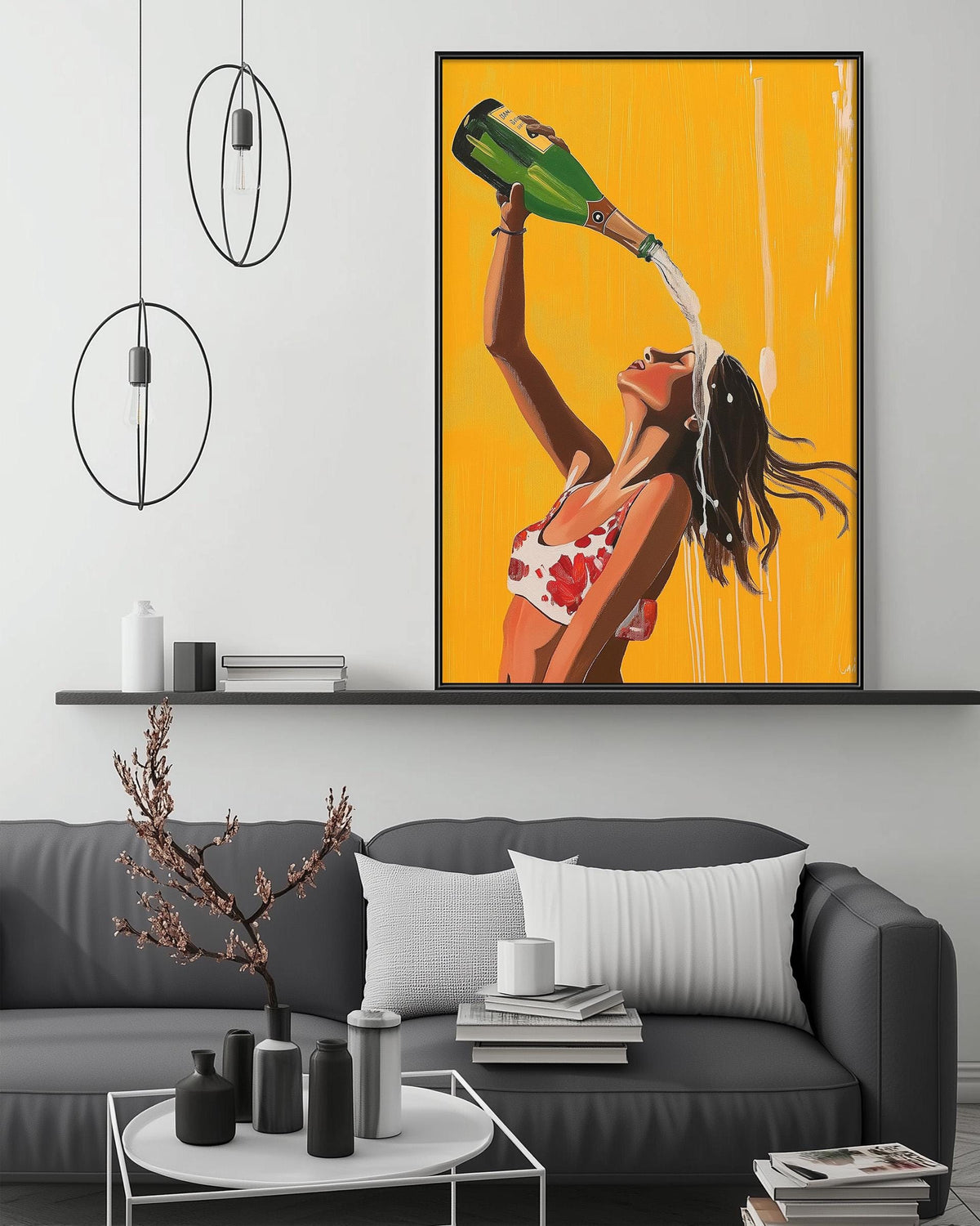a woman in a red and white swimsuit pouring champagne from a bottle into a glass, with a yellow background and a black and white abstract painting above the couch.