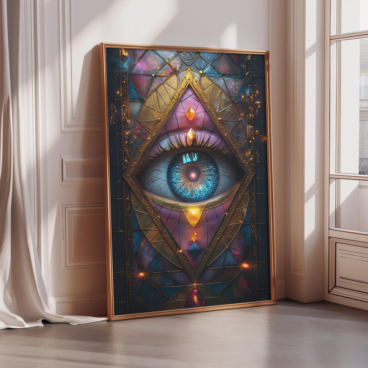 a large, colorful painting of an eye set against a vibrant, abstract background.