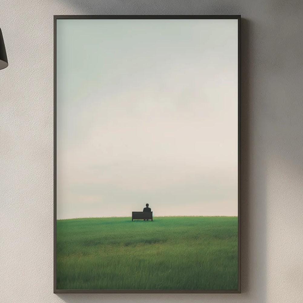 a kitchen counter with a framed picture of a field with a small building in the distance, a wooden cutting board, and various kitchen items such as a bottle, a vase, and a bowl.