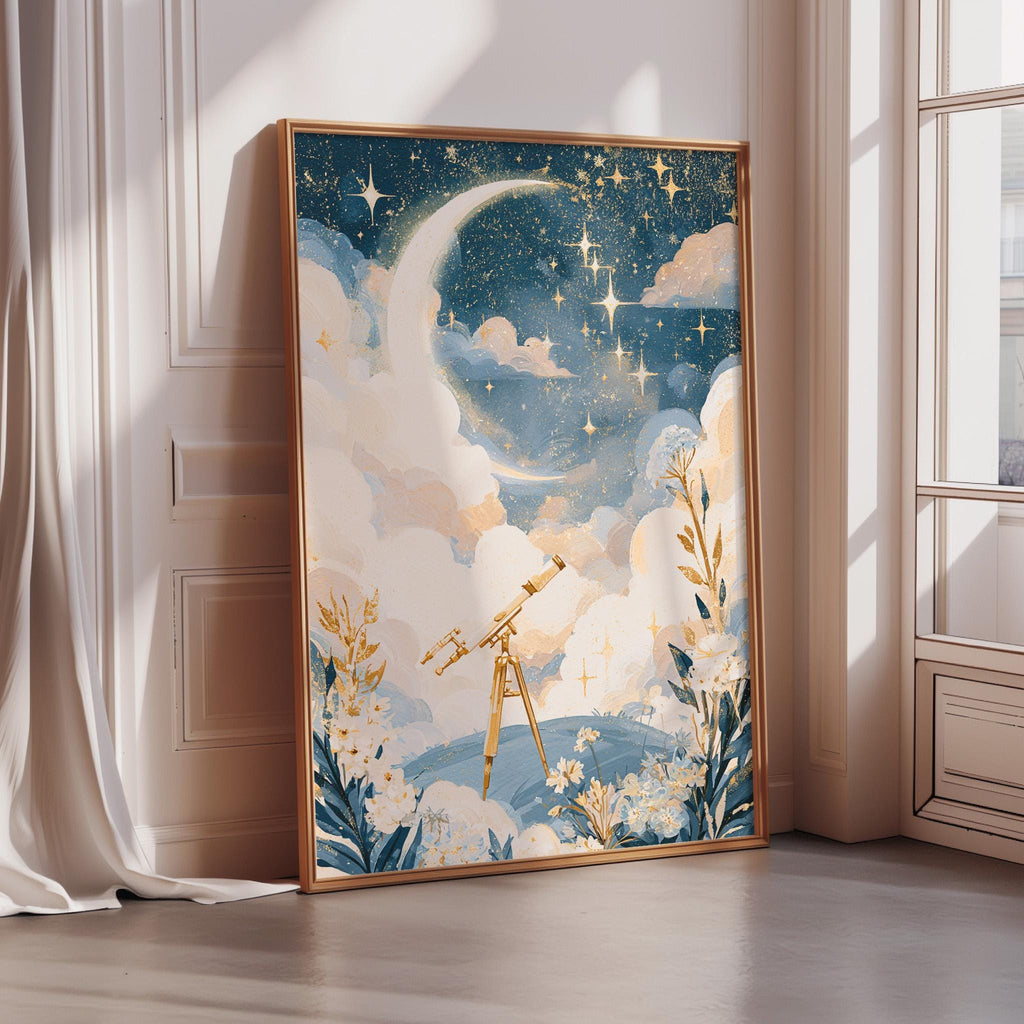 a large framed painting depicting a telescope in a starry night sky, surrounded by clouds and flowers.