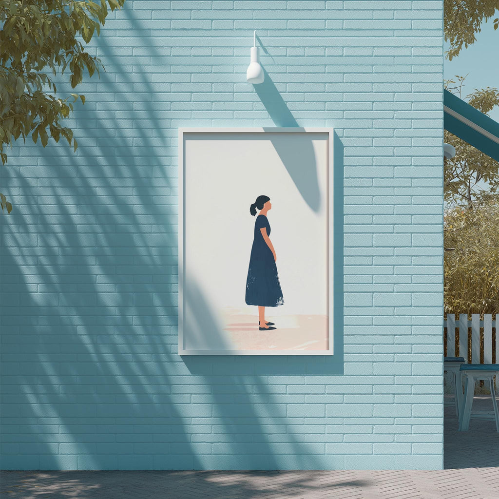 a woman in a blue dress standing in front of a blue brick wall.