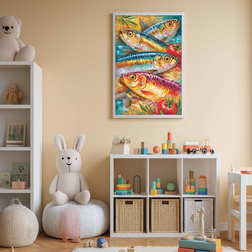 A child's bedroom with a large fish painting on the wall, a stuffed rabbit, a toy train, and a toy castle.
