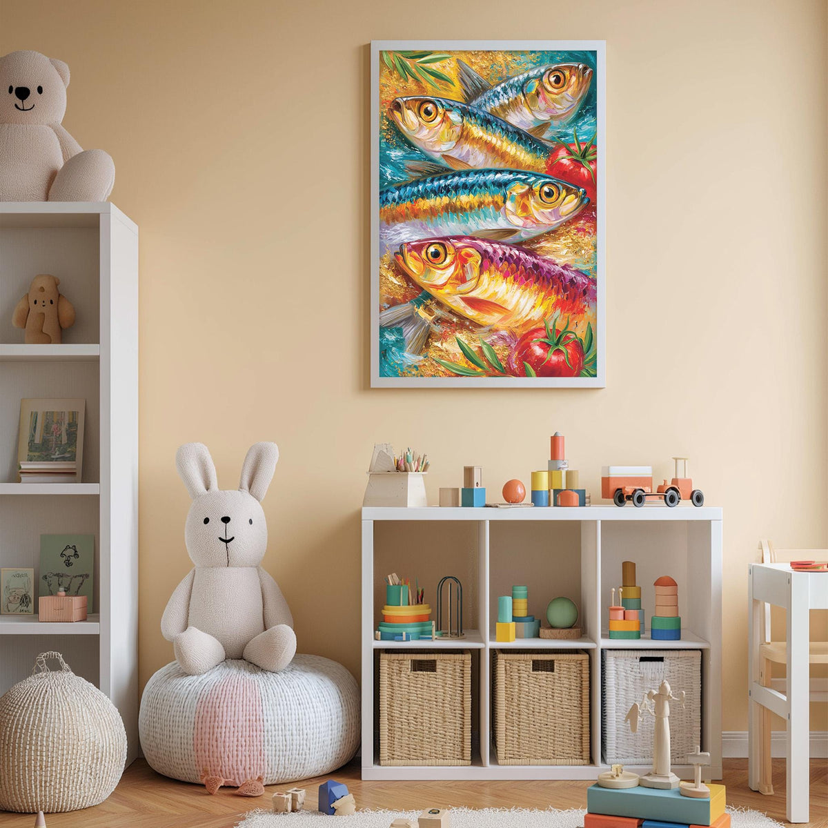 A child's bedroom with a large fish painting on the wall, a stuffed rabbit, a toy train, and a toy castle.