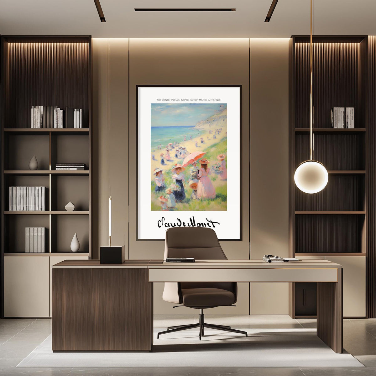 a modern office space with a large framed painting of a beach scene hanging on the wall above a desk with a chair.