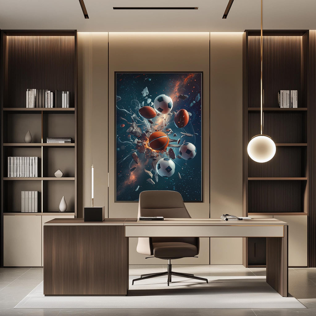 a modern and stylish office space with a large abstract painting of colorful balls and planets hanging on the wall above a wooden desk with a chair.