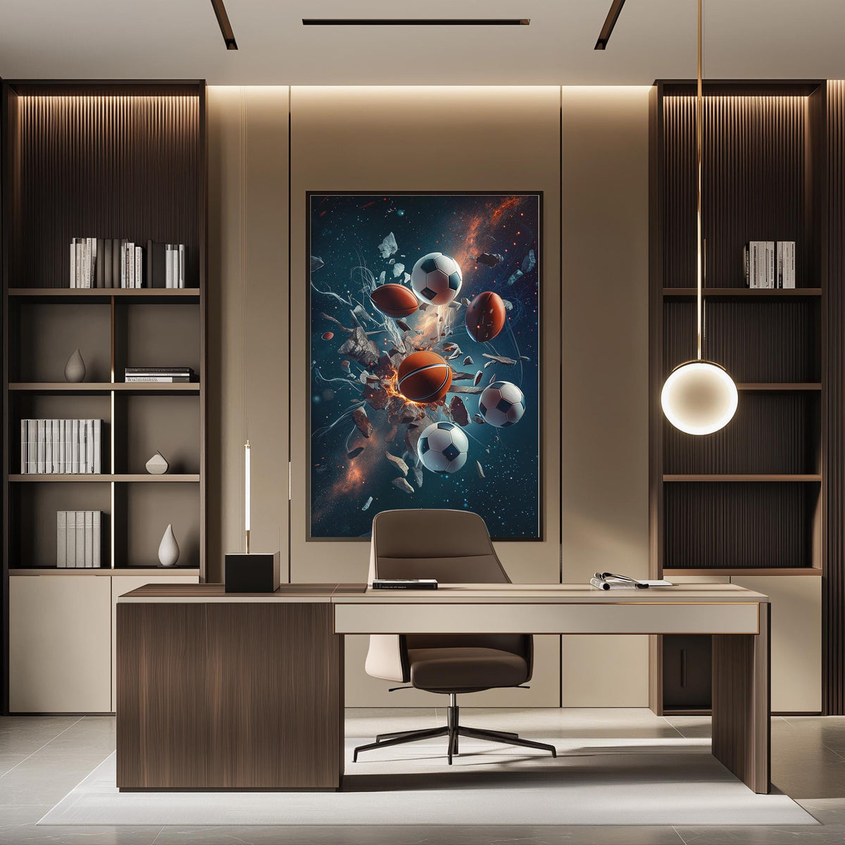 a modern and stylish office space with a large abstract painting of colorful balls and planets hanging on the wall above a wooden desk with a chair.