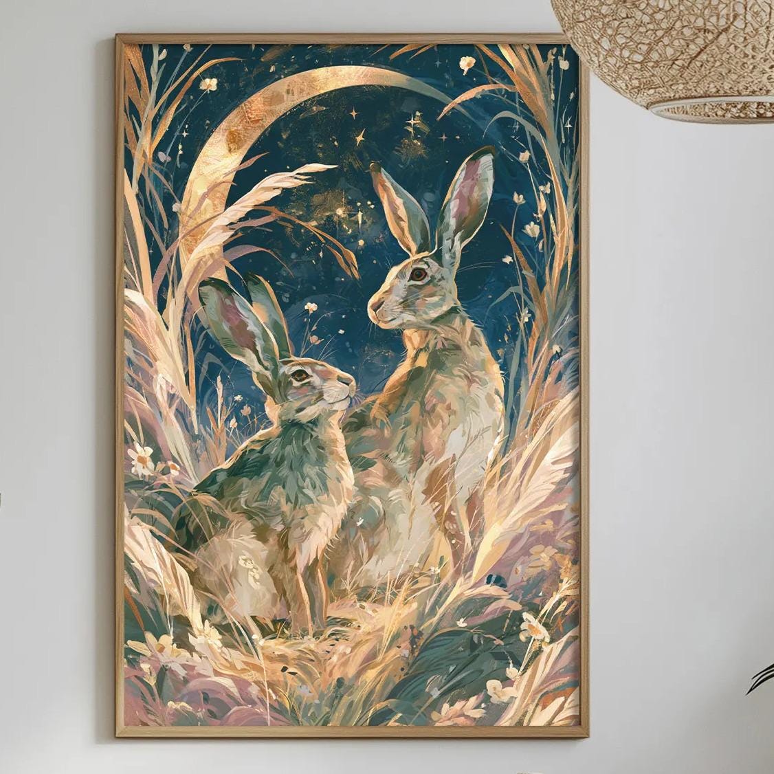 a dining table with a white tablecloth, a bowl of fruit, a bottle, and a vase with flowers. Above the table, there is a framed painting of two rabbits in a field, with a crescent moon in the background. The table is set with various items, including a wine glass, a plate, and a bowl.