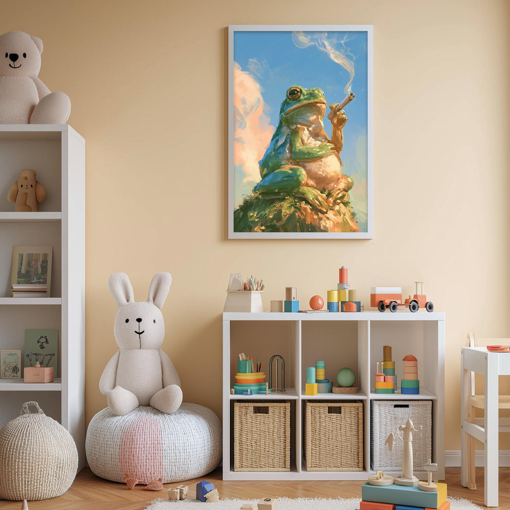 A child's bedroom with a white bookshelf, a stuffed rabbit, and a framed painting of a frog smoking a pipe.