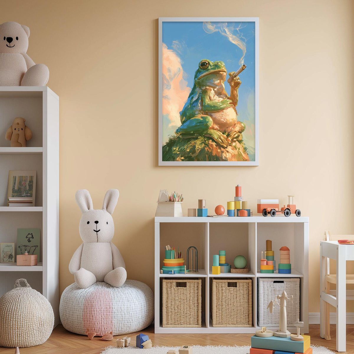 A child's bedroom with a white bookshelf, a stuffed rabbit, and a framed painting of a frog smoking a pipe.