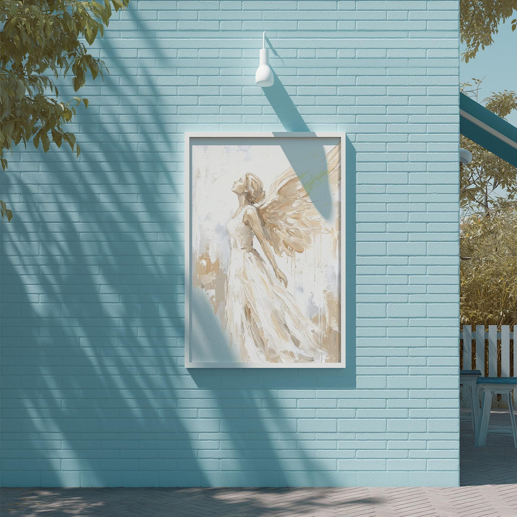 a blue brick wall with a framed painting of a woman with wings hanging on it.