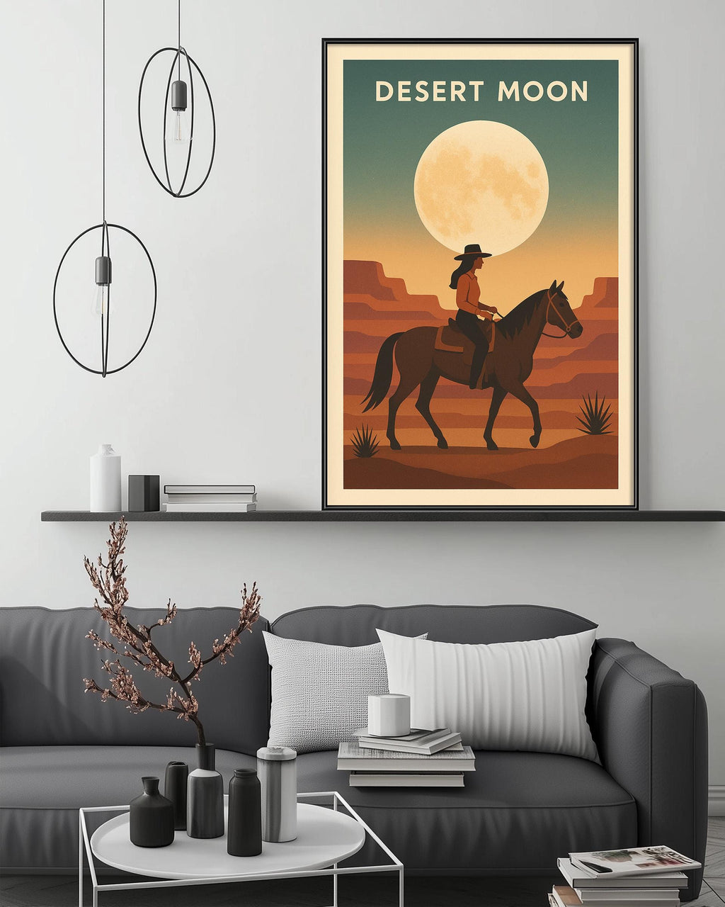 a framed poster of a cowboy riding a horse in a desert landscape, with a large full moon in the background.