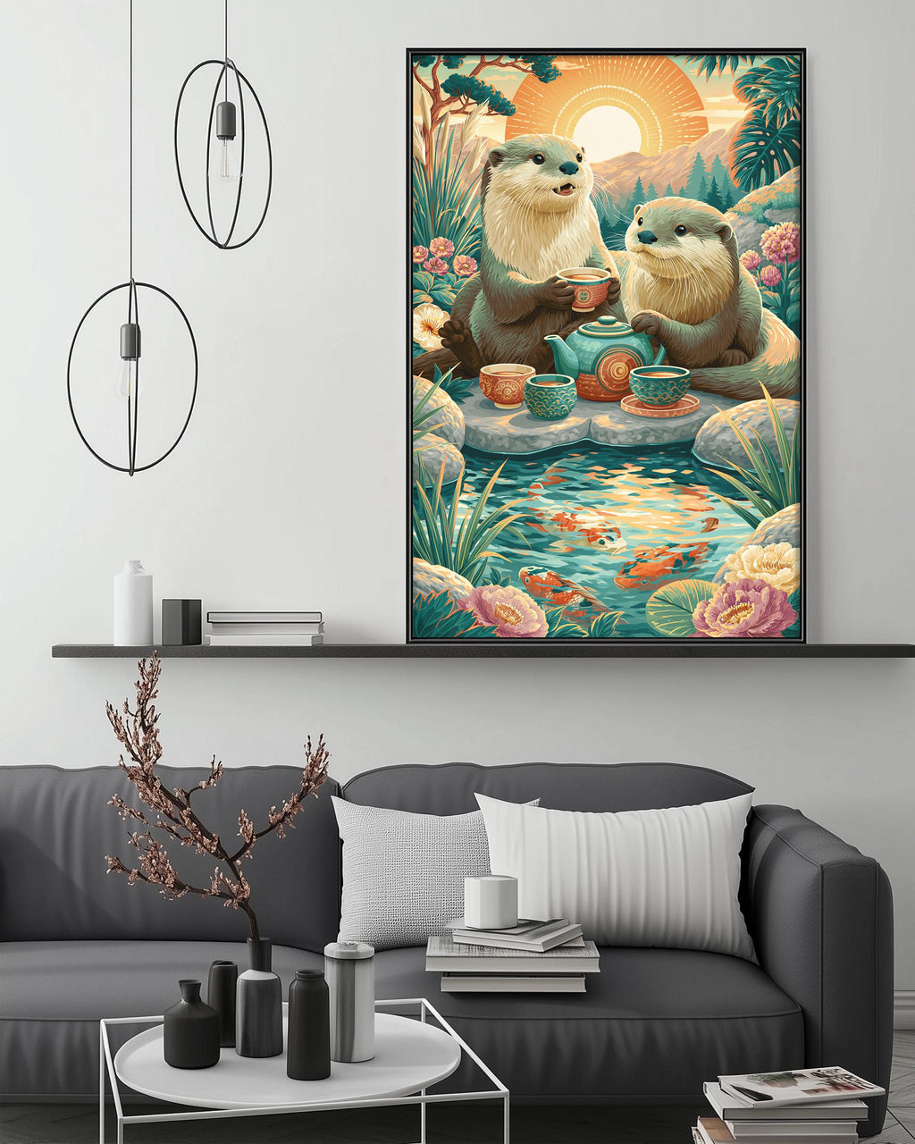 a cozy living room with a gray sofa, a coffee table, and a large framed painting depicting two otters enjoying a tea party by a pond.