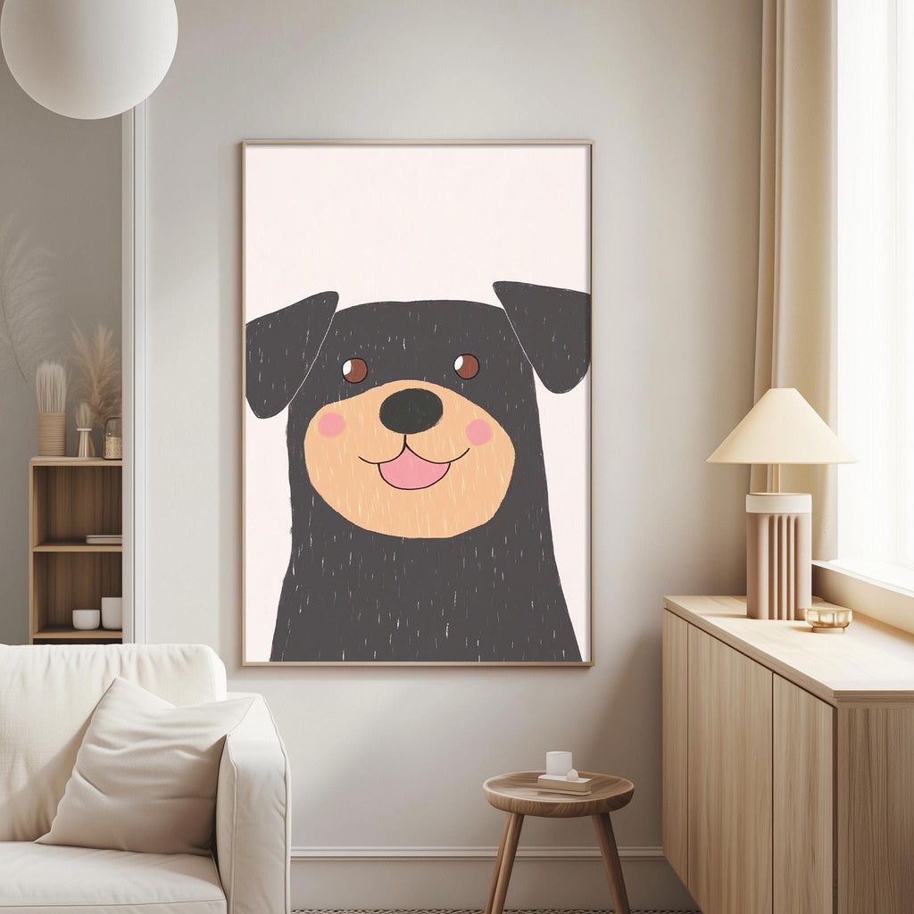 a cozy living room with a large framed picture of a smiling dog hanging on the wall. The room has a white couch, a wooden side table, and a lamp on a nearby table.