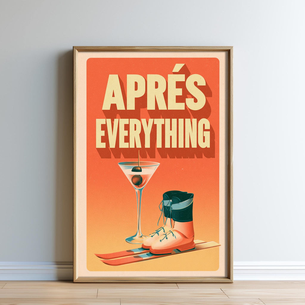 The image is a framed poster with a vibrant orange background and the text "APRÈS EVERYTHING" prominently displayed.