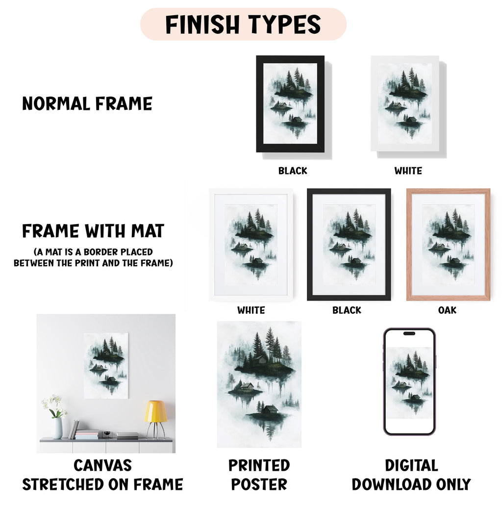 various types of artwork, including a canvas stretched on a frame, a framed print, a poster, and a digital download. The artwork is presented in different frame colors and styles, such as a normal frame, a black frame, a white frame, and an oak frame. The artwork is described as a forest scene, a mat, a canvas, a printed poster, and a digital download, providing a range of options for viewers to choose from.