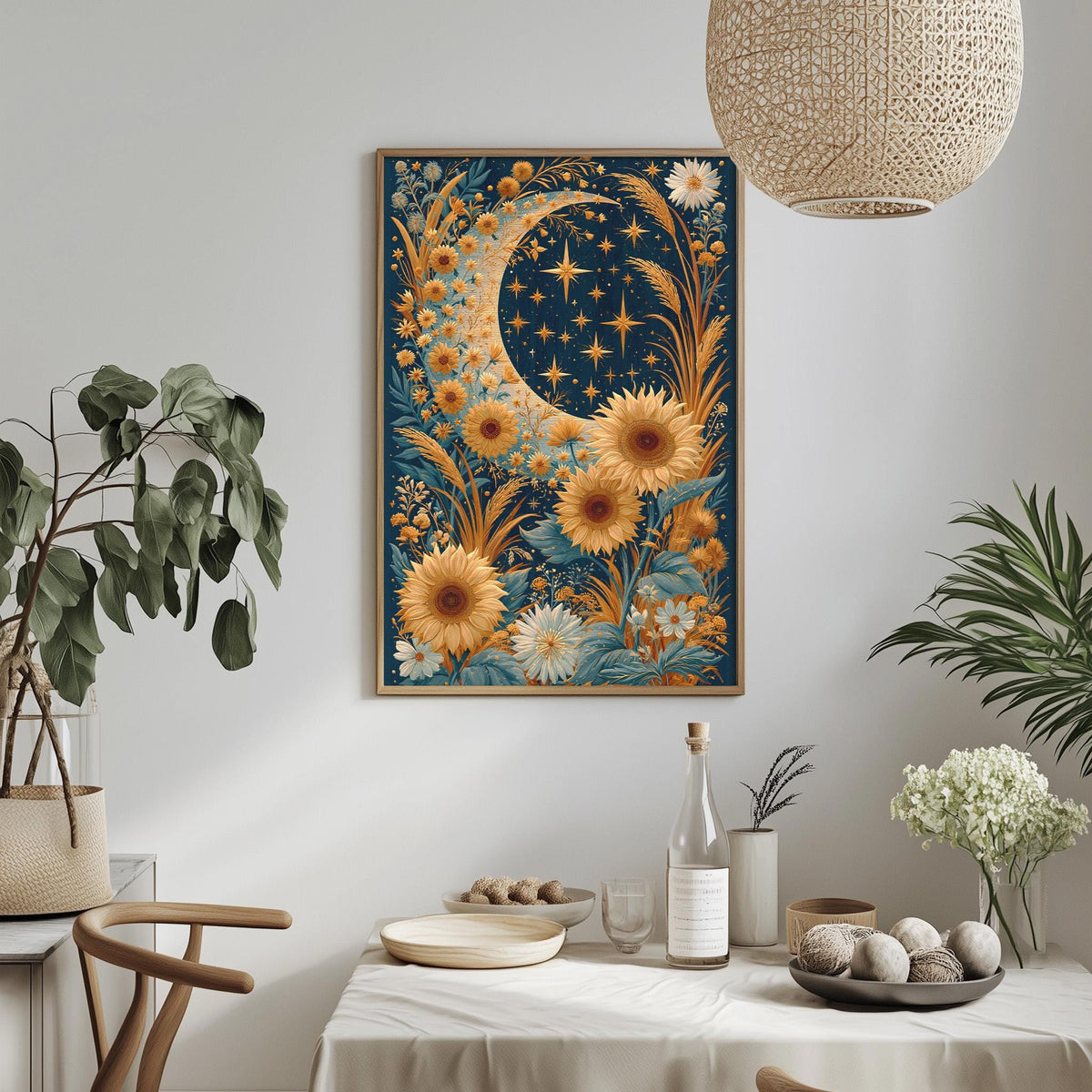 a dining table with a white tablecloth, a bowl of fruit, a bottle, and a vase with flowers. Above the table, there is a framed picture of a crescent moon and stars, surrounded by flowers and plants.