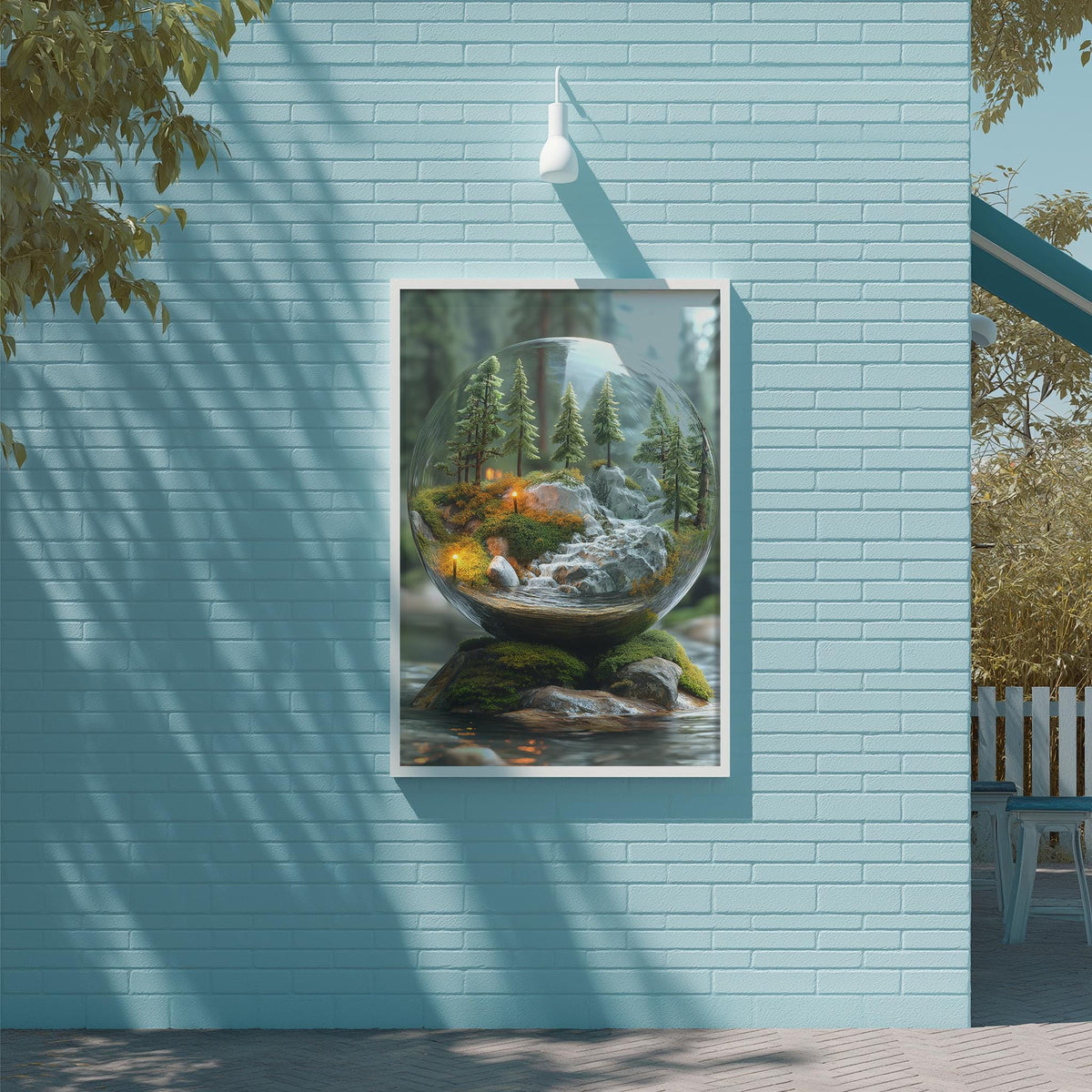 a large glass sphere containing a miniature landscape, including a forest, mountains, and a body of water. The glass sphere is mounted on a blue brick wall, creating a striking visual display.