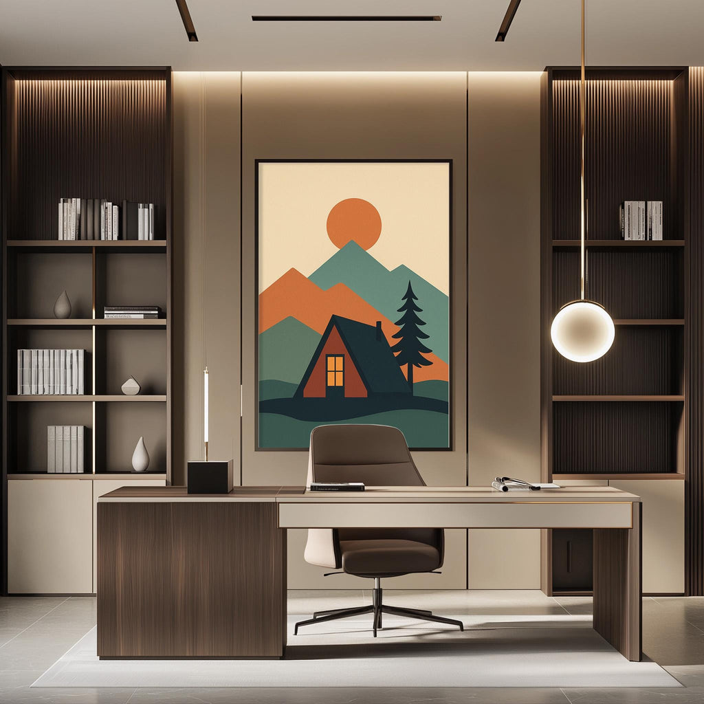 a modern office space with a large framed poster of a mountain landscape on the wall, featuring a cabin and a sunset. The office has a wooden desk, a chair, and a bookshelf, creating a cozy and functional workspace.