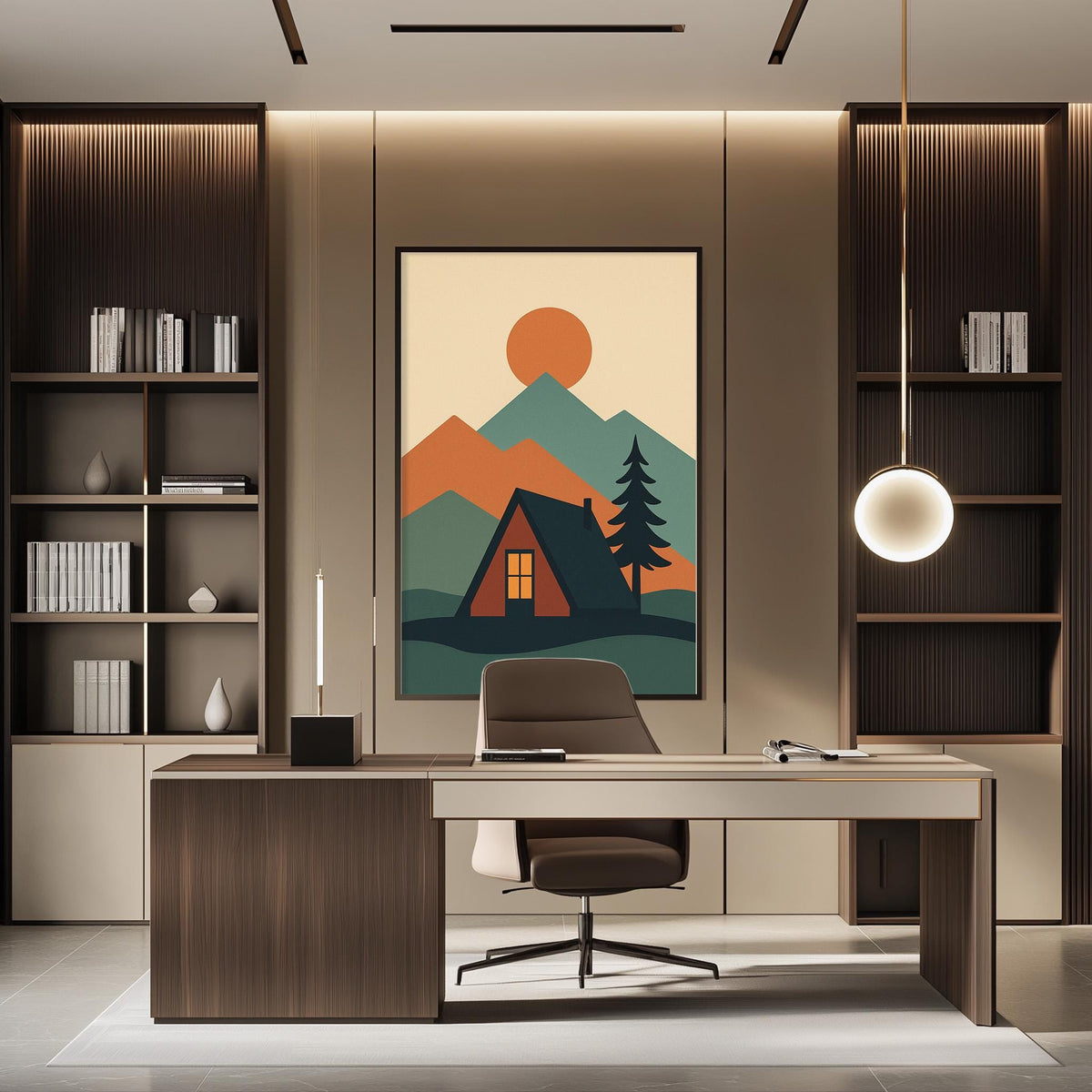 a modern office space with a large framed poster of a mountain landscape on the wall, featuring a cabin and a sunset. The office has a wooden desk, a chair, and a bookshelf, creating a cozy and functional workspace.