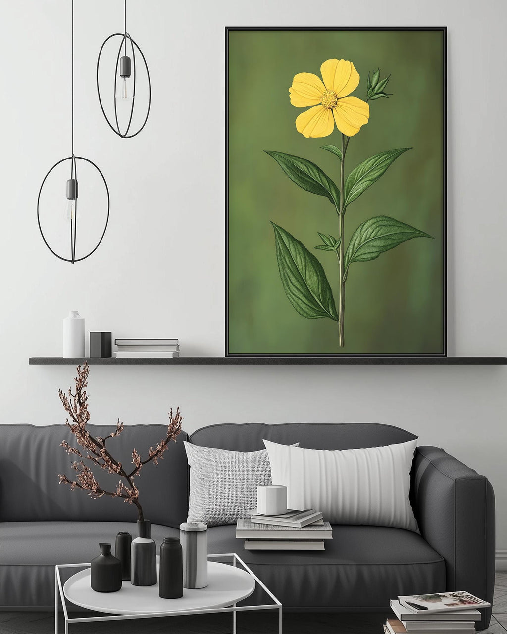 a modern living room with a gray sofa, a coffee table, and a large framed painting of a yellow flower on the wall.