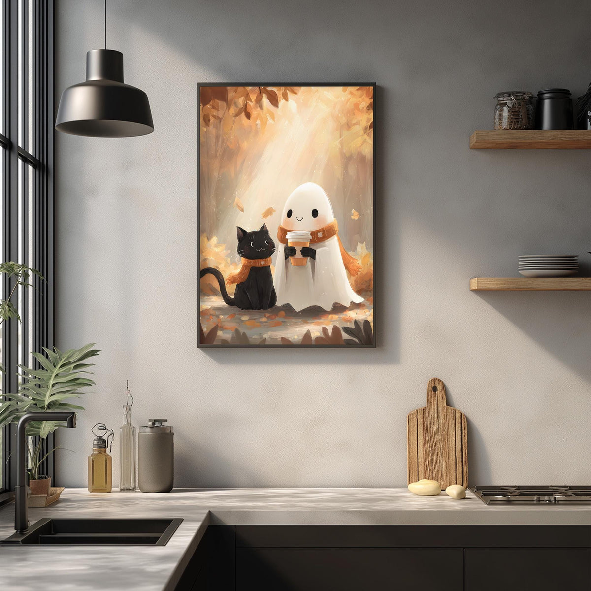 a kitchen scene with a framed illustration of a ghost and a black cat on the wall.