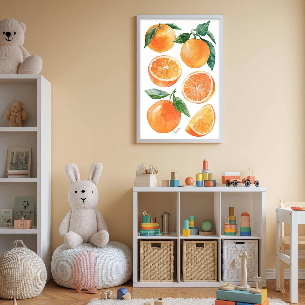 A child's bedroom with a white bookshelf, a stuffed rabbit, and a framed print of oranges on the wall.