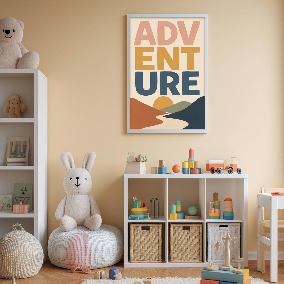 A child's bedroom with a large poster of the word "ADVENTURE" on the wall, a white bookshelf filled with toys, and a stuffed rabbit sitting on a pillow.