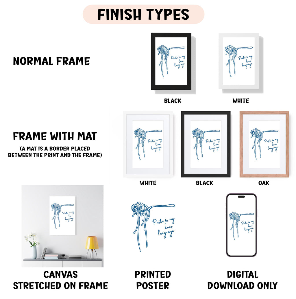various types of artwork, including a canvas stretched on a frame, a framed poster, and a digital poster. The artwork is presented in different frame colors and styles, such as a normal frame, a black frame, a white frame, and a black frame. The artwork is also described as a canvas stretched on a frame, a printed poster, and a digital download only. The image is a collage of multiple images, and the text provides information about the artwork, such as the finish types and the materials used.