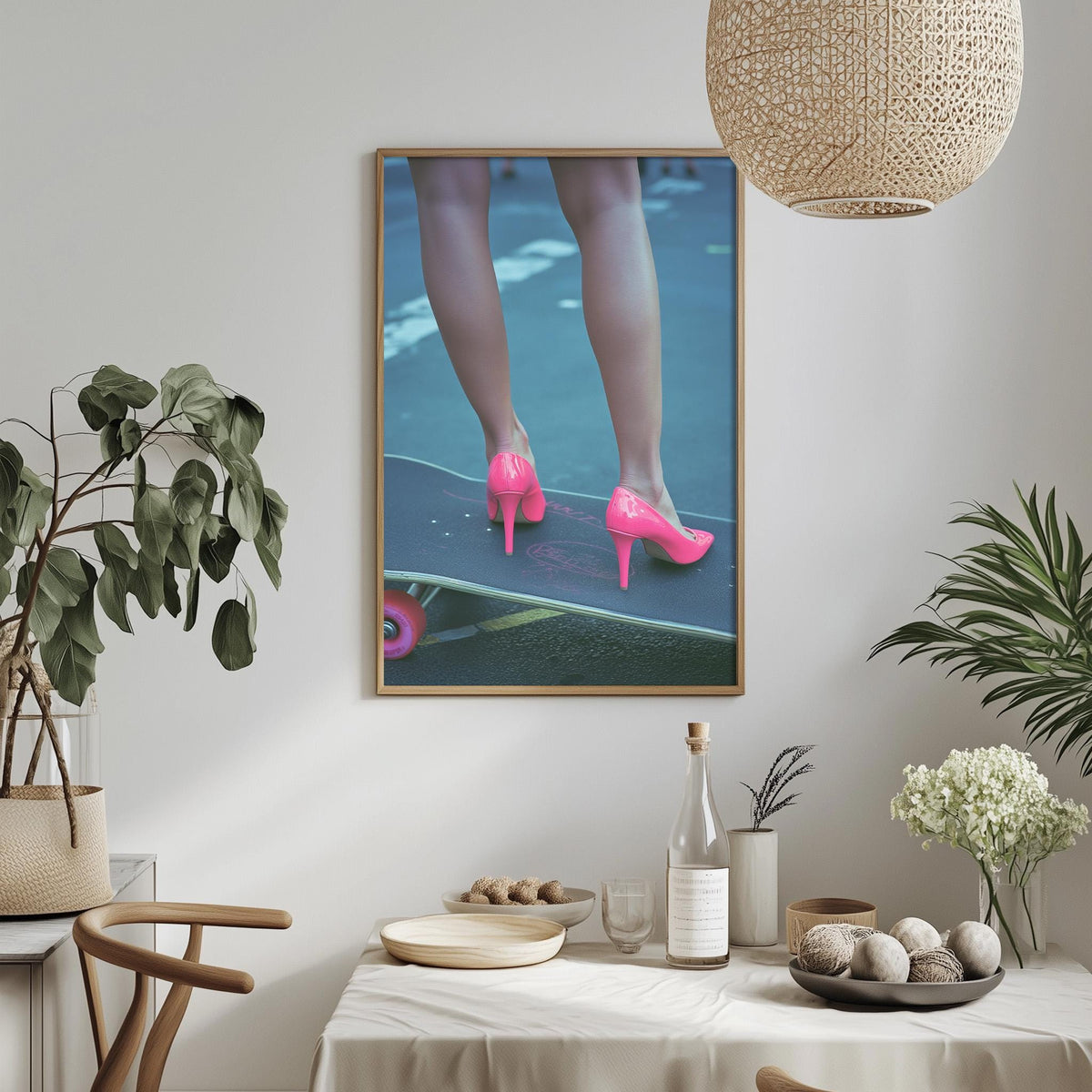 a framed photograph of a person's feet wearing pink high heels, standing on a skateboard. The photograph is displayed on a wall above a table with various items on it, including a bottle, a bowl, and a vase.