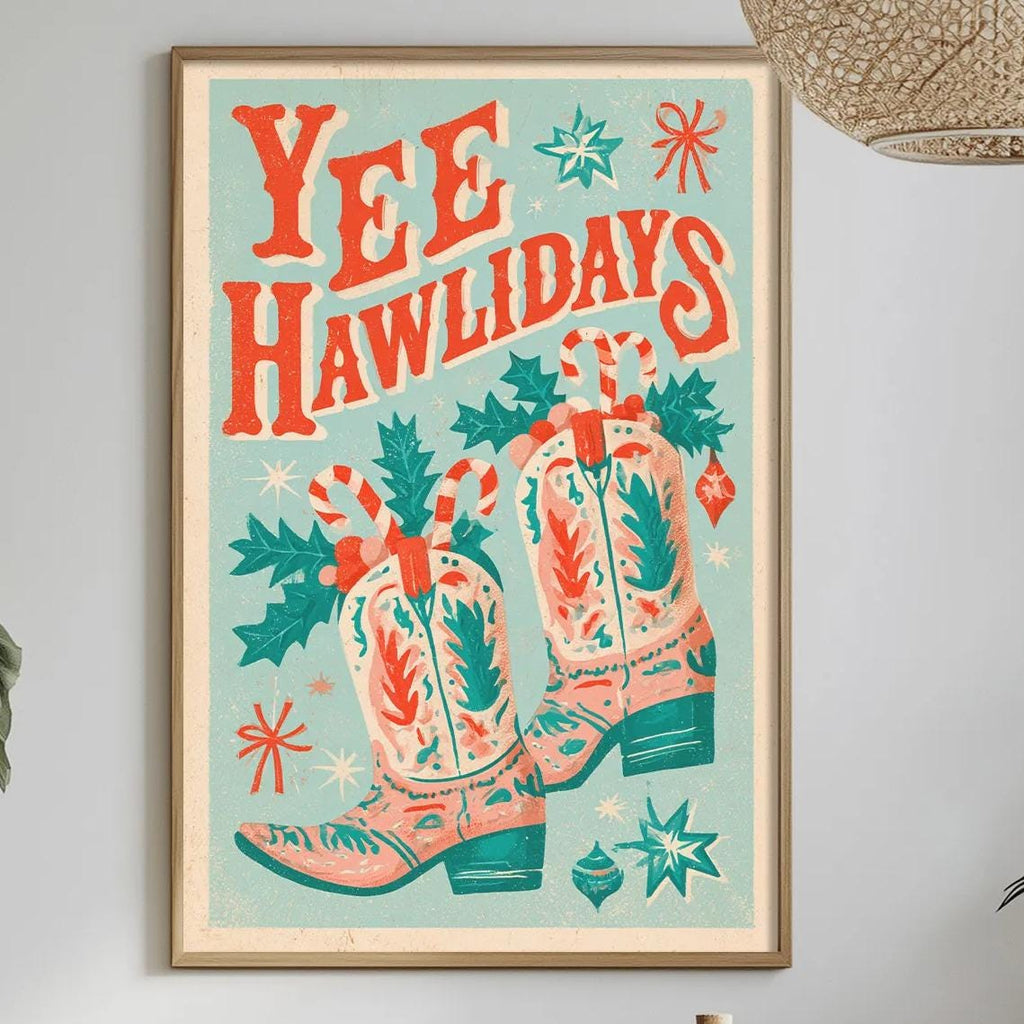 a framed poster with a festive design hanging on a wall, surrounded by various decorative elements such as potted plants, vases, and a dining table with a bowl of fruit.