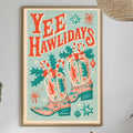 a framed poster with a festive design hanging on a wall, surrounded by various decorative elements such as potted plants, vases, and a dining table with a bowl of fruit.
