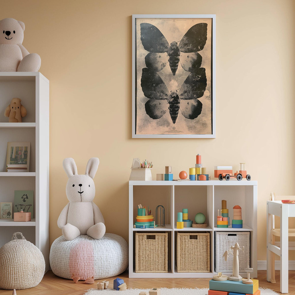 A cozy and colorful children's bedroom with a large framed butterfly artwork on the wall, a white bookshelf filled with toys, and a plush rabbit sitting on a bean bag chair.
