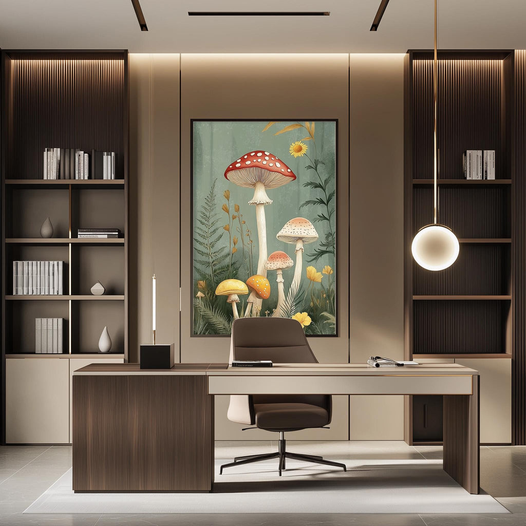 a modern office space with a large framed artwork of mushrooms and plants hanging on the wall. The office features a wooden desk with a chair, and a bookshelf filled with books. The overall design has a contemporary and minimalist aesthetic.